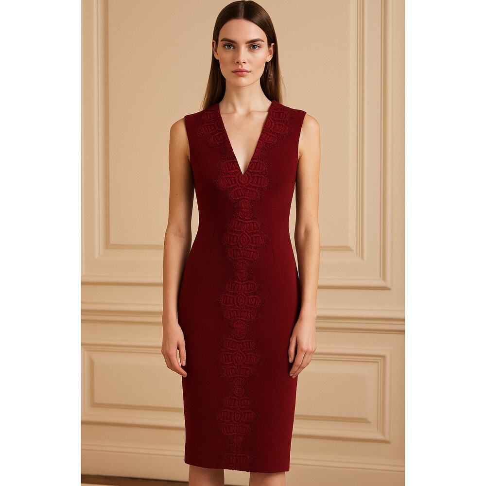 Lela Rose Sleeveless Sheath Dress Lace‎ Detail Burgundy Red size 2